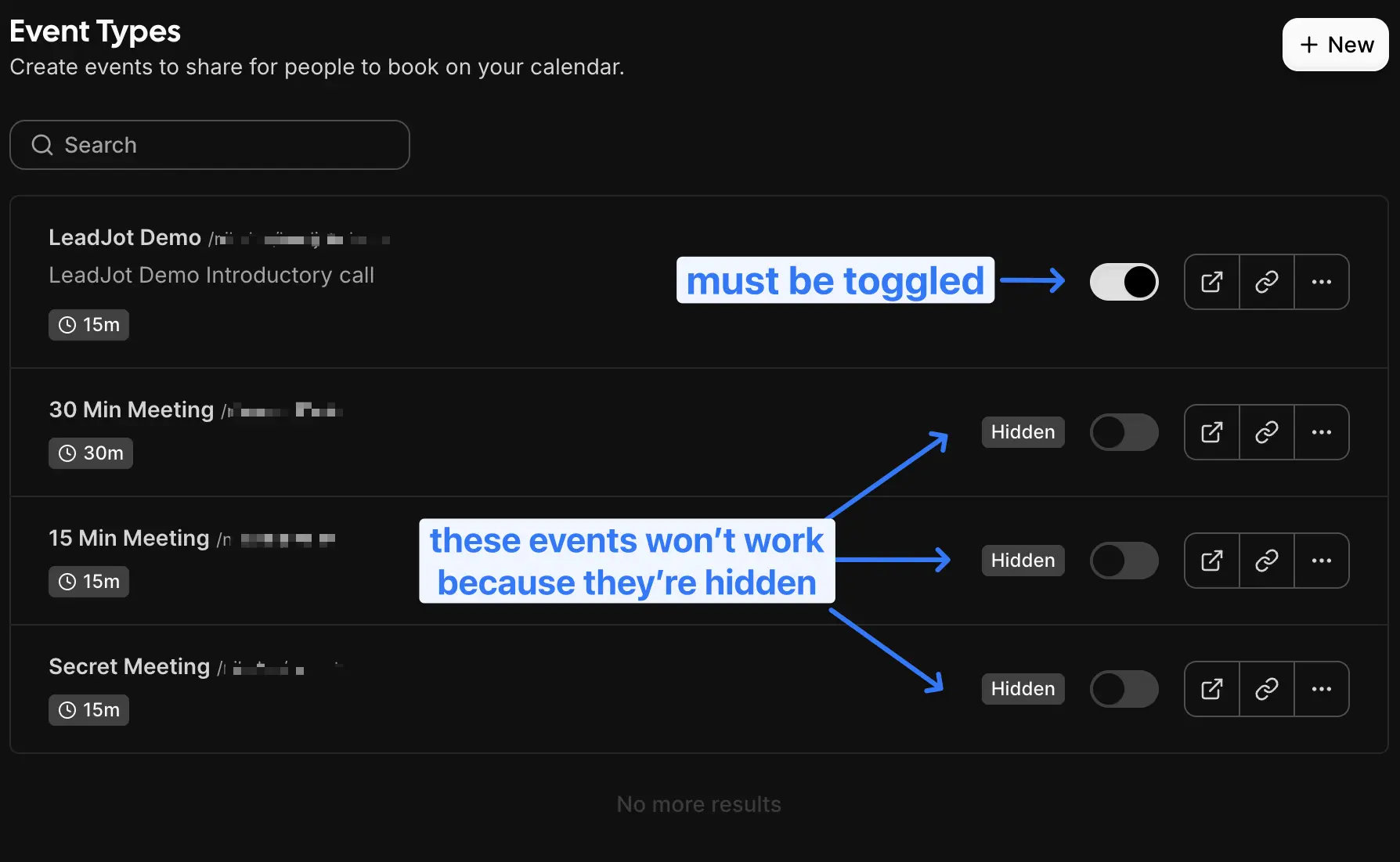 Cal.com event not hidden